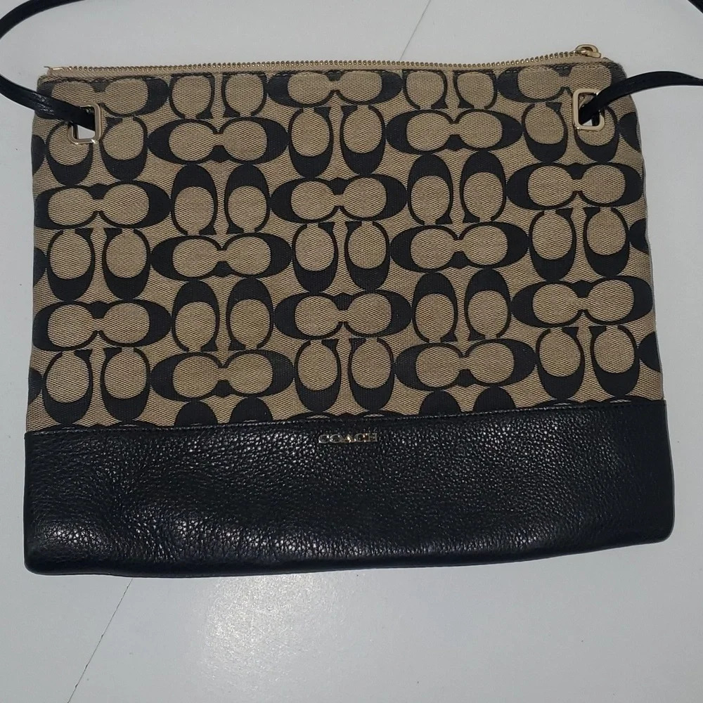 COACH Madison Signature Print Slim File Bag Crossbody Shoulder Bag Black\Tan